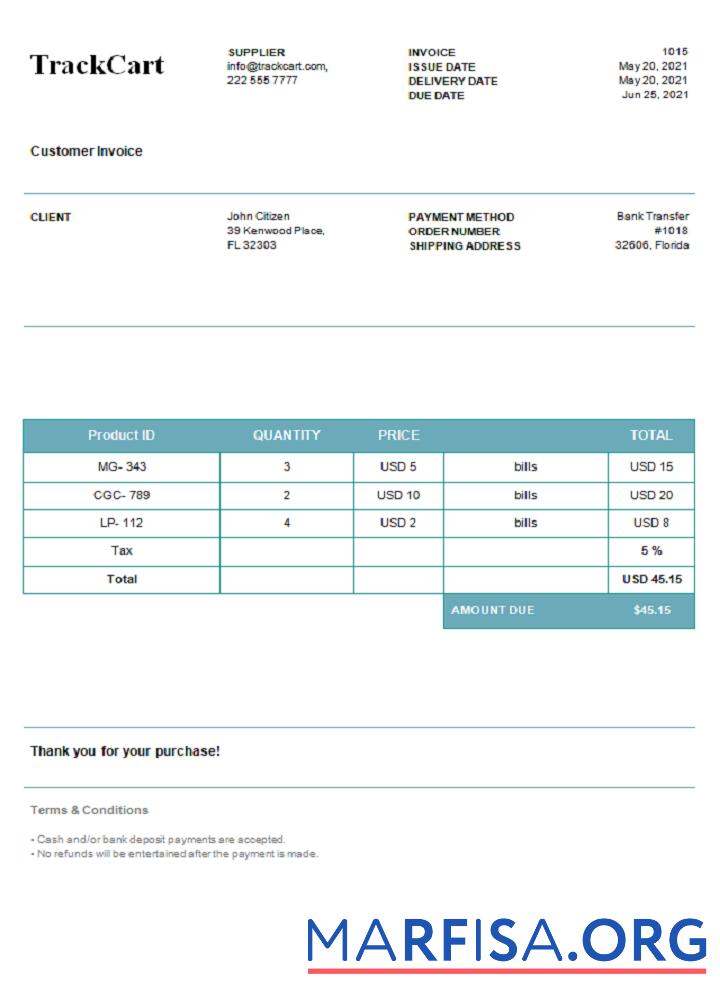 Printable USA TrackCart invoice example